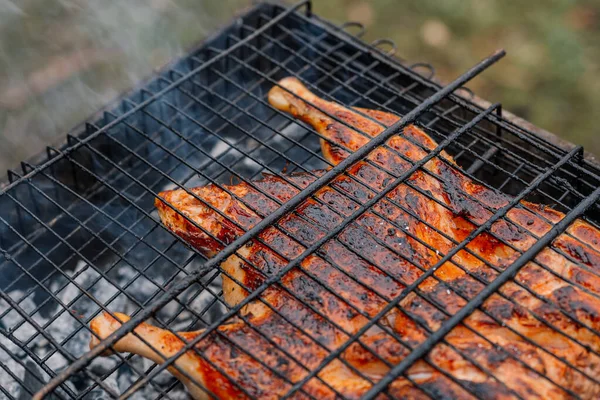 Poulet grillé cuisine en plein air charbon de bois grill nature — Photo