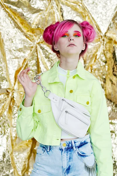 Pretty woman bright cosmetics party posing Acid style design — Stock Photo, Image