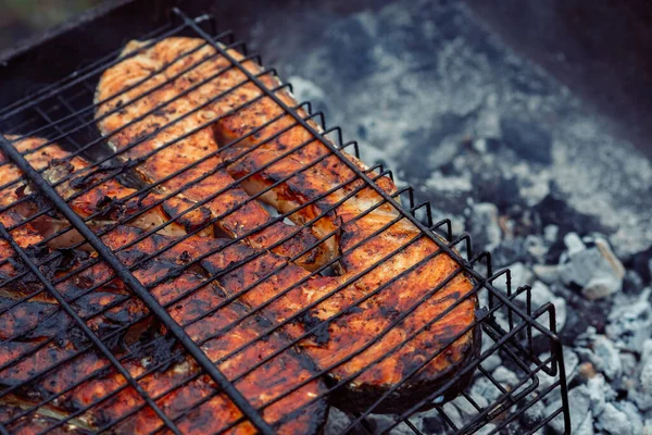 Grigliate di pesce barbecue carbone cottura natura estate — Foto Stock