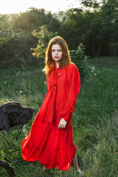 Attraktiv kvinna i röd klänning utomhus i frihet fält — Stockfoto