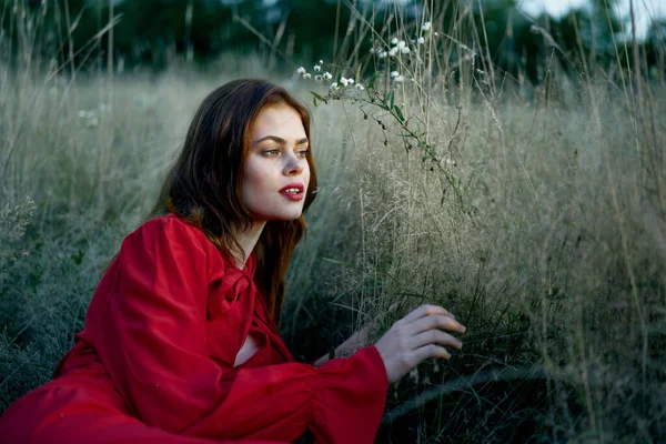 Woman in red dress lies on the grass nature freedom rest — Stock Photo, Image