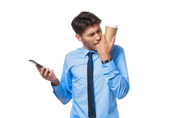 Businessmen communication on the phone a cup of coffee isolated background — Stock Photo, Image