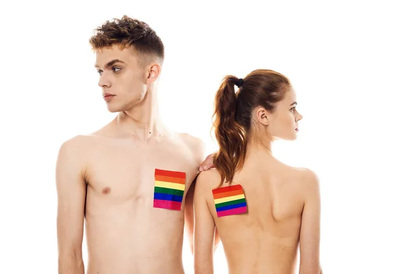 Jovem casal lgbt Bandeira transexual estilo de vida luz fundo — Fotografia de Stock