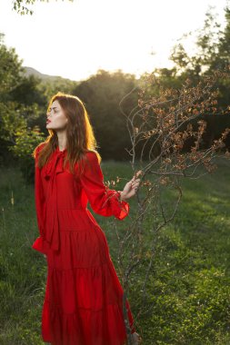 Kırmızı elbiseli kadın yaz pozu veren ağacın yanındaki tarlada