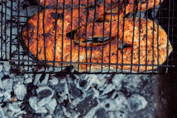 Cooking fish outdoors barbecue close-up charcoal meal — Stock Photo, Image