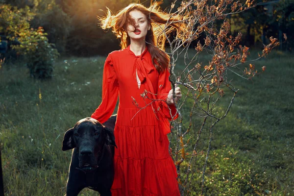 Bella donna in un vestito rosso all'aperto con un'amicizia cane nero — Foto Stock