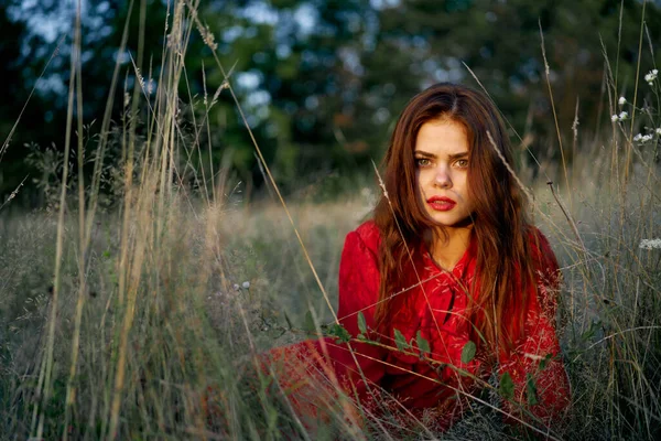 Woman in a red dress lies on the grass in the field nature fashion — Stock Photo, Image