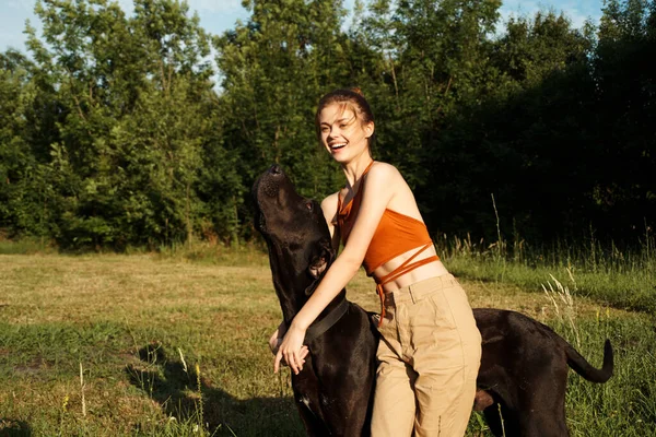 Cheerful woman outdoors with dog and fun nature — Stock Photo, Image