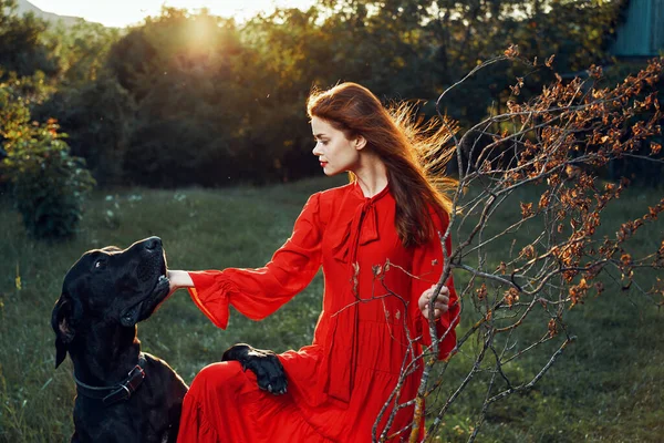 Pretty woman in red dress with dog outdoors posing glamor — Stock Photo, Image