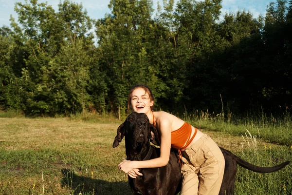 Χαρούμενη γυναίκα σε εξωτερικούς χώρους με το σκυλί και τη φύση διασκέδαση — Φωτογραφία Αρχείου