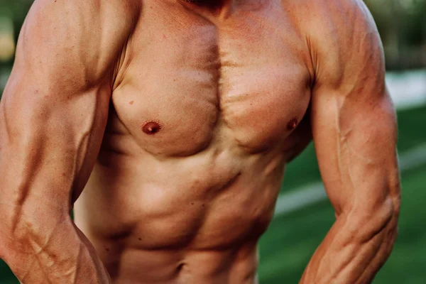 Homem com bombeado até corpo muscular ao ar livre treino de saúde — Fotografia de Stock