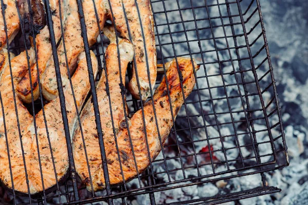 Parrilla de pescado barbacoa carbón cocina naturaleza verano — Foto de Stock