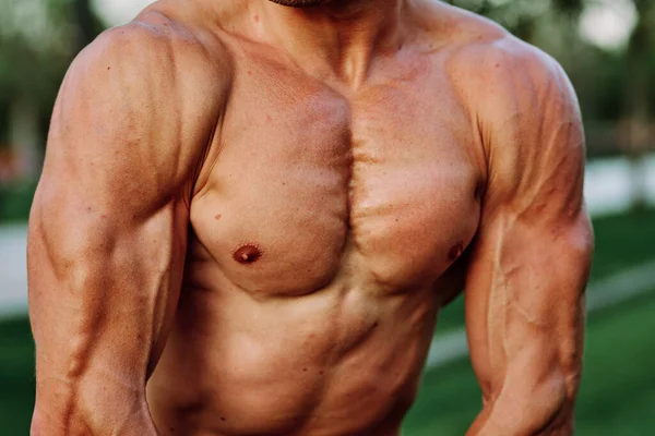 Homem com bombeado até corpo muscular ao ar livre treino de saúde — Fotografia de Stock