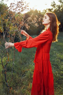 Kırmızı elbiseli kadın yaz pozu veren ağacın yanındaki tarlada