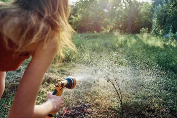 Жінка поливає дерево в саду в сільській місцевості літнє сільське господарство — стокове фото