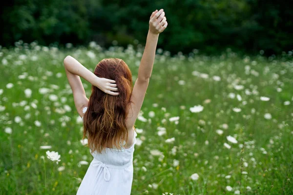 Woman in white dress in a field of flowers walk freedom — Stock Photo, Image