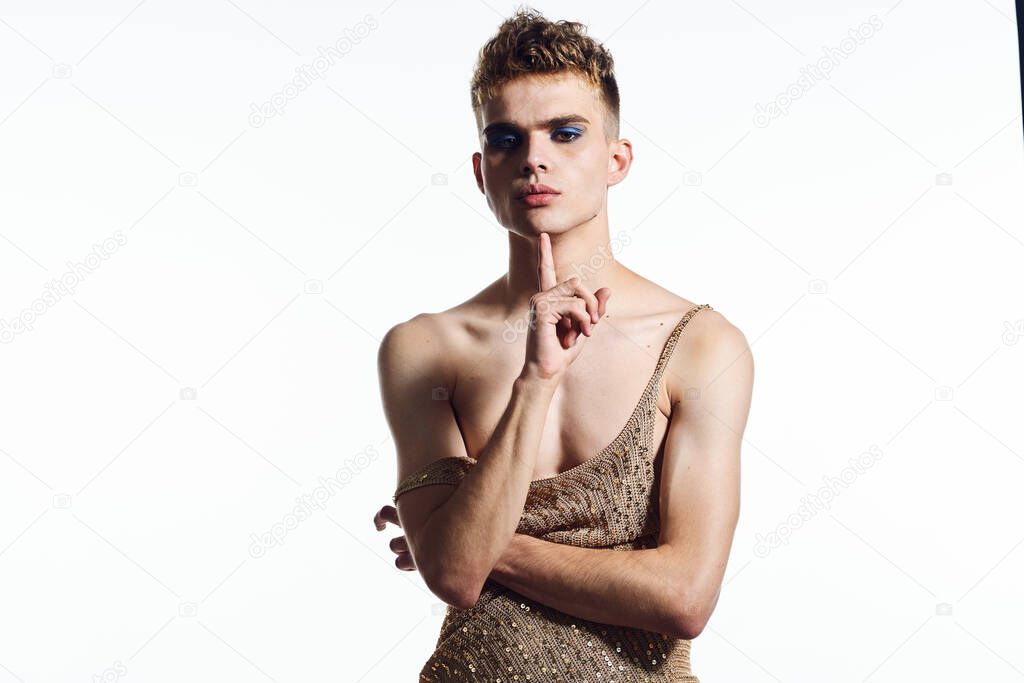 male transgender female makeup fashion posing studio