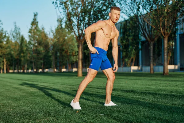 Yaz parkında egzersiz yapan kaslı bir adam.