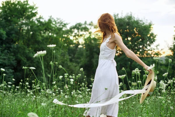 Красивая женщина в поле в белом платье на свежем воздухе — стоковое фото
