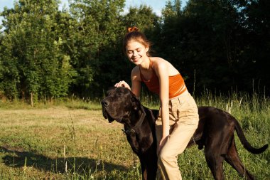 Yazın tarlada köpek dostluğuyla oynayan bir kadın.