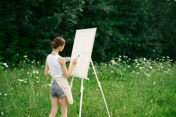 Kadın ressam manzara çiziyor doğa yaratıcı çiziyor — Stok fotoğraf