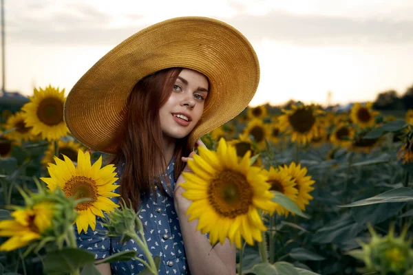 Ayçiçeği tarlasında şapkalı güzel bir kadın özgürlük doğası