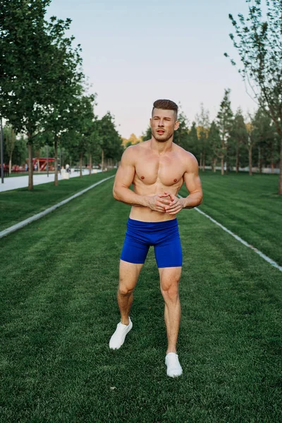 Hombre atlético con un ejercicio de torso bombeado en el gimnasio del parque — Foto de Stock