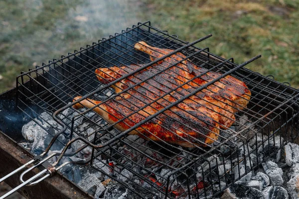 Frango grelhado cozinhar ao ar livre carvão grill natureza — Fotografia de Stock