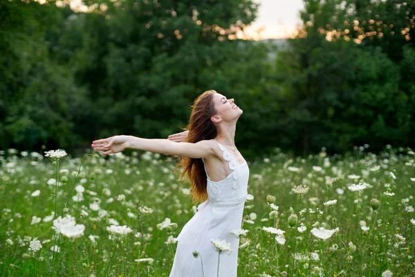 Mujer alegre en un campo con flores en un vestido blanco en la naturaleza — Foto de Stock
