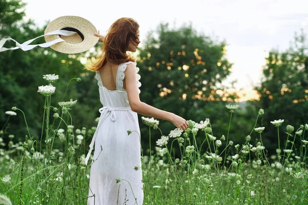 Женщина в белом платье цветы свобода ходить свежий воздух — стоковое фото