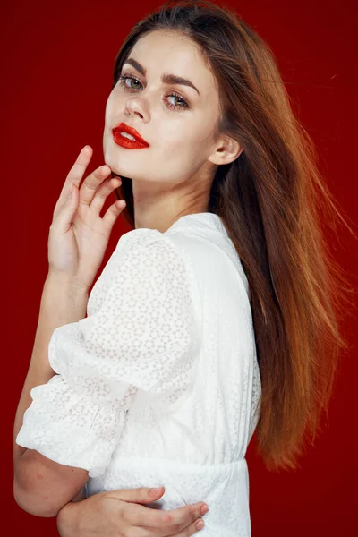 Ελκυστική γυναίκα κόκκινα μαλλιά κόκκινα χείλη ποζάρουν αίγλη — Φωτογραφία Αρχείου
