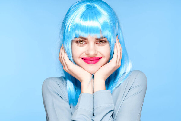 woman in port wig bright makeup red lips posing