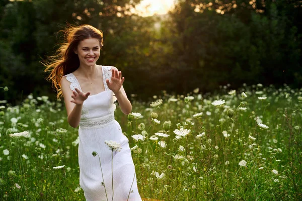 Beyaz elbiseli, kır çiçekli kadın. Güneş doğası özgürlüğü. — Stok fotoğraf