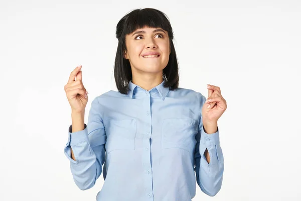 Vrouw in blauw shirt executive business werk emoties — Stockfoto