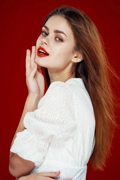 Fashionable woman with red lips in red white dress isolated background — Stock Photo, Image