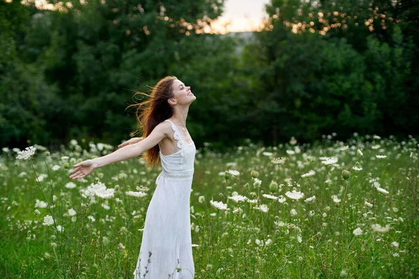 Kvinna i en vit klänning i ett fält på naturen blommor frihet sommar — Stockfoto