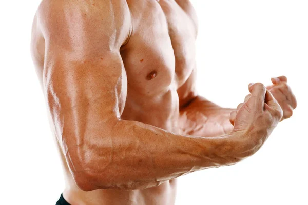 Man with a pumped up body muscle closeup workout bodybuilders — Stock Photo, Image