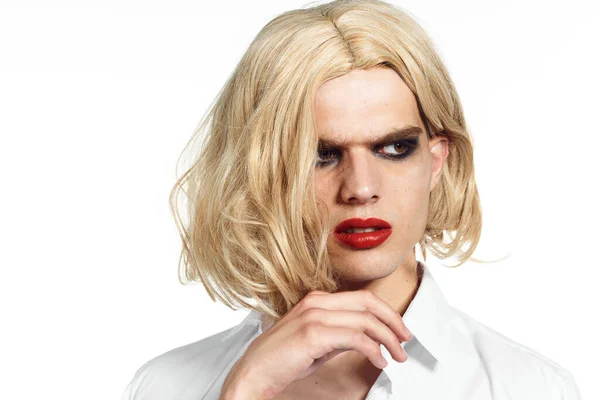 Man in womens wig crossdresser makeup lgbt community — Stock Photo, Image