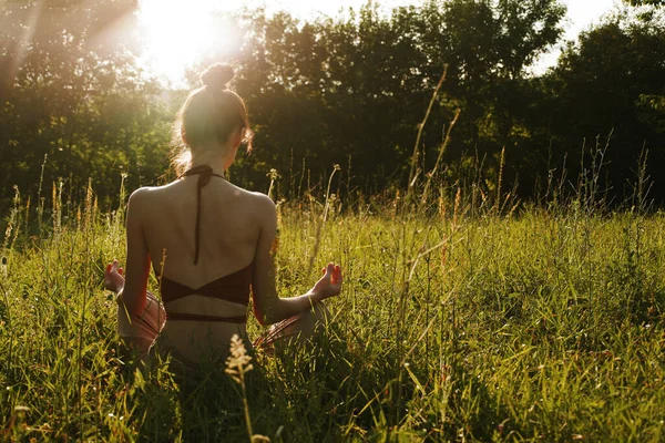Yazın çimenlerin üzerinde oturan kadın meditasyon özgürlüğü. — Stok fotoğraf