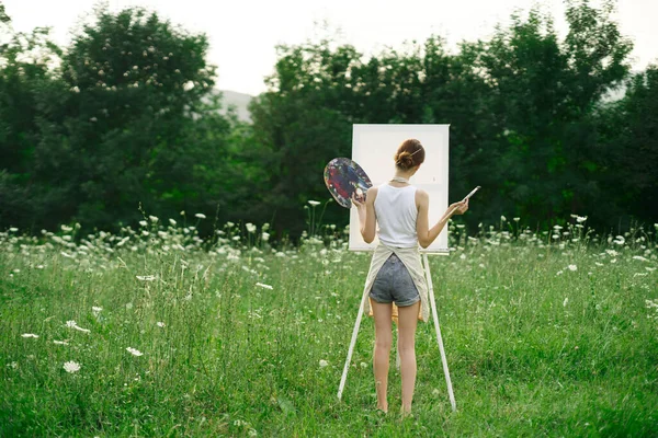 Artist in nature painting a picture creative landscape back view — Stock Photo, Image
