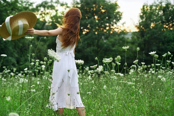 Vacker kvinna i ett fält i naturen vit klänning frisk luft — Stockfoto