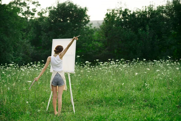 Művész a természetben festmény egy kép kreatív táj vissza nézet — Stock Fotó