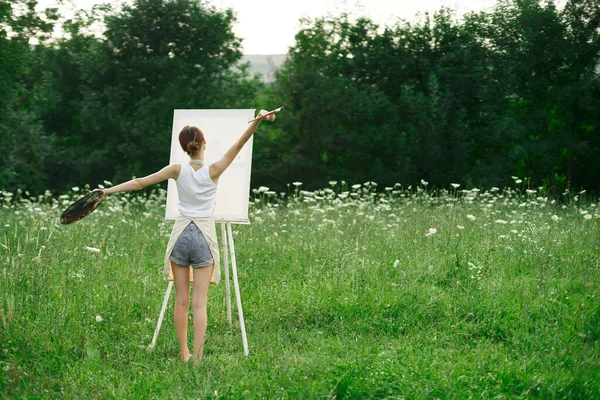 Artista in natura pittura un quadro creativo paesaggio indietro vista — Foto Stock