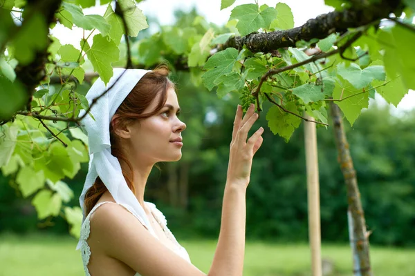 Femme en robe blanche campagne plantes nature — Photo
