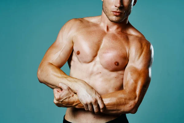 Athletischer Mann mit aufgepumpter Bauchmuskulatur Motivation Bodybuilding — Stockfoto