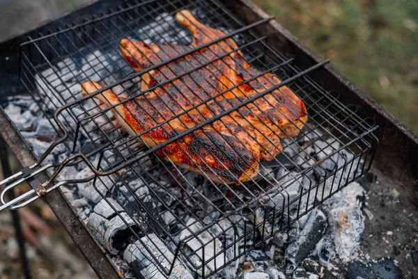 Churrasco natureza grelhar comida churrasco recreação ao ar livre — Fotografia de Stock