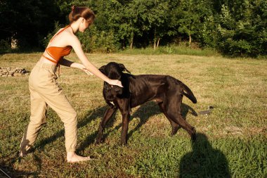 Arkadaşlık sahasında dışarıda köpekçilik oynayan neşeli kadın.