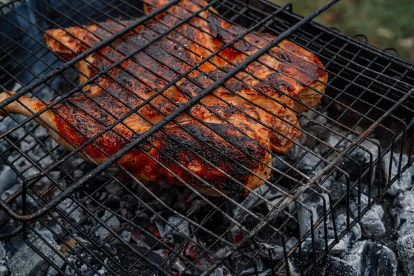 Frango grelhado cozinhar ao ar livre carvão grill natureza — Fotografia de Stock