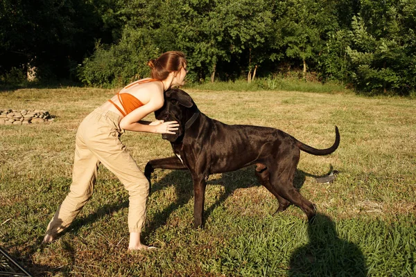 Glad kvinna spelar hund utomhus i området vänskap — Stockfoto