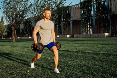 Parktaki adam yeşil çimen egzersiz egzersizi yapıyor.